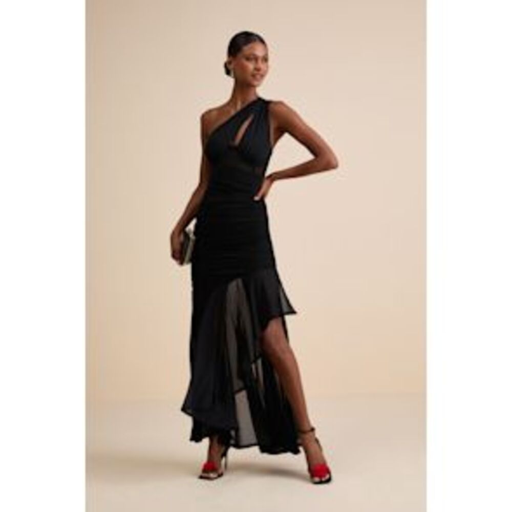 One-Shoulder Black Asymmetric Evening Dress